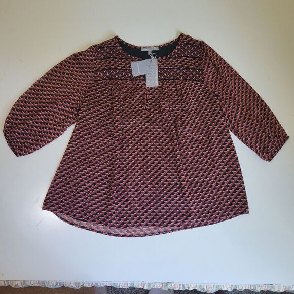 $74 NEW 1X DANIEL RAINN NORDSTROM rust blue cream metallic sheer sleeve top NWT - Picture 5 of 9